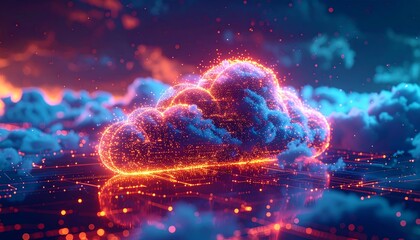Wall Mural - Futuristic cloud computing concept illustration with glowing blue global technology under night sky