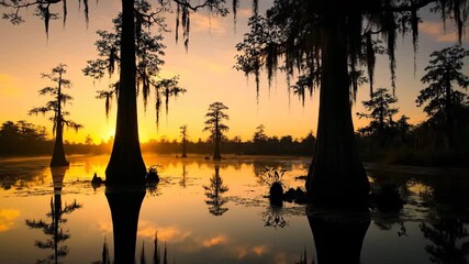 Wall Mural - ﻿Tranquil swamp sunrise timelapse with golden light spreading across the still water and ancient cypress trees natural, ecology, outdoors