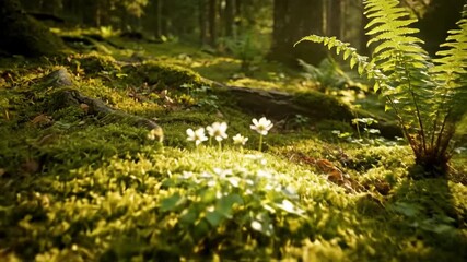 Wall Mural - ﻿Slow Dolly Shot Through a Mossy Forest Floor Bathed in Dappled Sunlight documentary, organic, zen