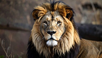 majestic lion with a thick, dark mane stares intensely at the viewer