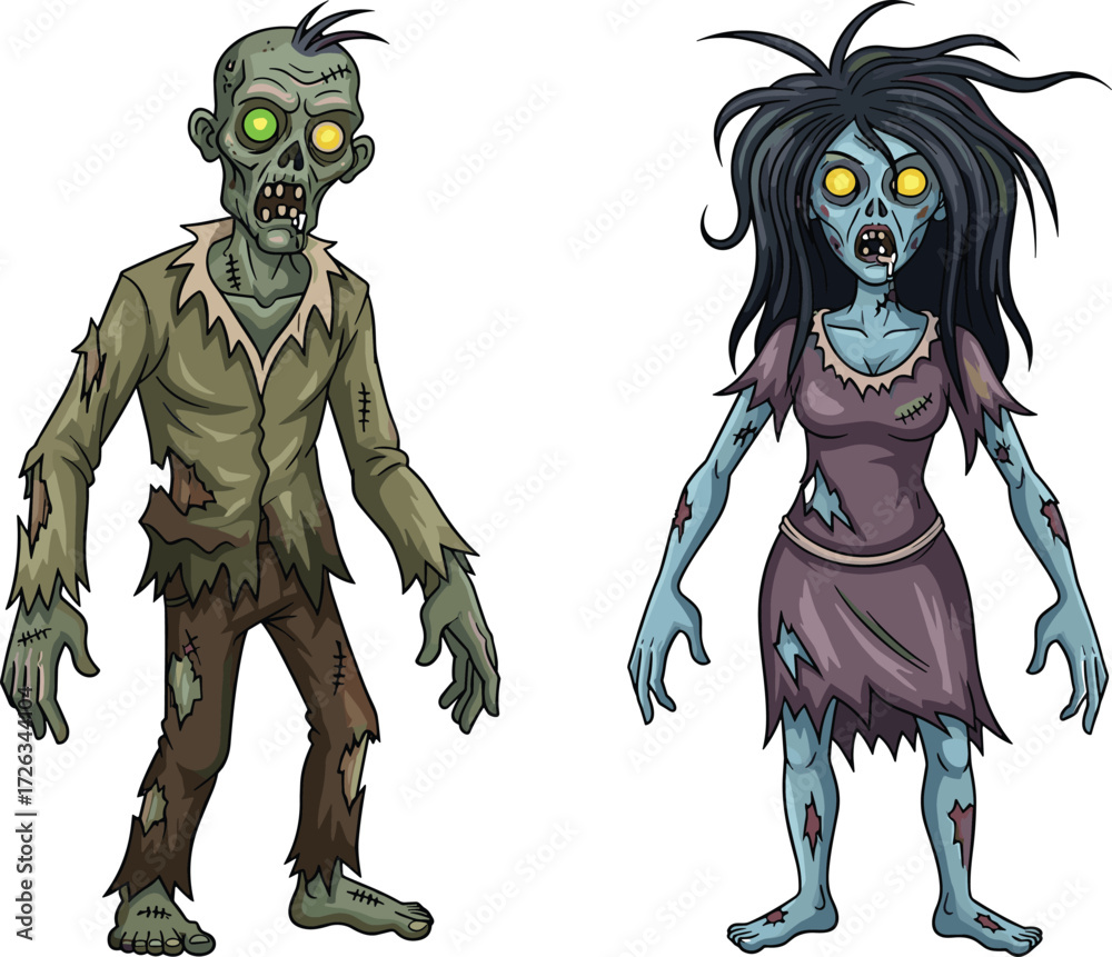 Grotesque Zombie Cartoon zombie couple illustration, scary undead characters, Halloween ...