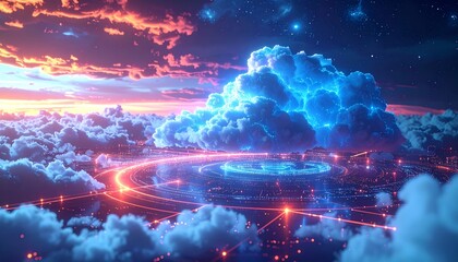 Wall Mural - Digital cloud computing concept with blue light energy and motion pattern background and glowing clouds illustration