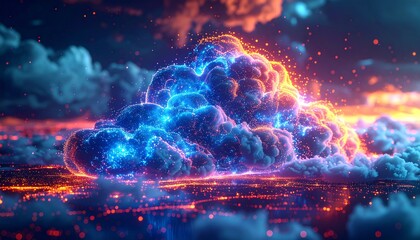 Wall Mural - Digital cloud computing concept with blue light energy and motion pattern background and glowing clouds illustration