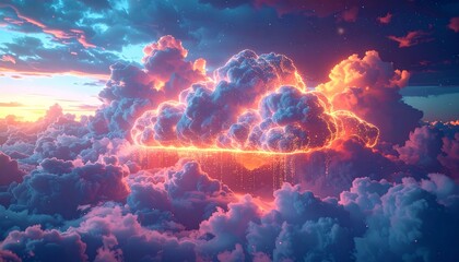 Wall Mural - Digital cloud computing concept with blue light energy and motion pattern background and glowing clouds illustration