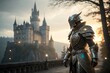 © stockimgahnaf - Fantasy styled AI knight in glowing armor with castle