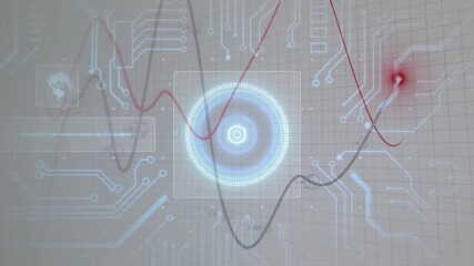 Wall Mural - Undulating red and gray waveforms initiating spinning rings and pulsing node visualizing live data