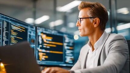 Wall Mural - Focused Vision: A dedicated professional intently studies lines of code on multiple computer screens, embodying precision and focus in a modern workplace environment. 