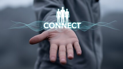 Open hand reaching out with glowing connect symbol and human figures open palm connection