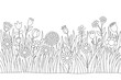 © MdNazmul - A delightful black and white coloring page illustration showing a whimsical garden of doodle flowers and tall grass for a relaxing activity
