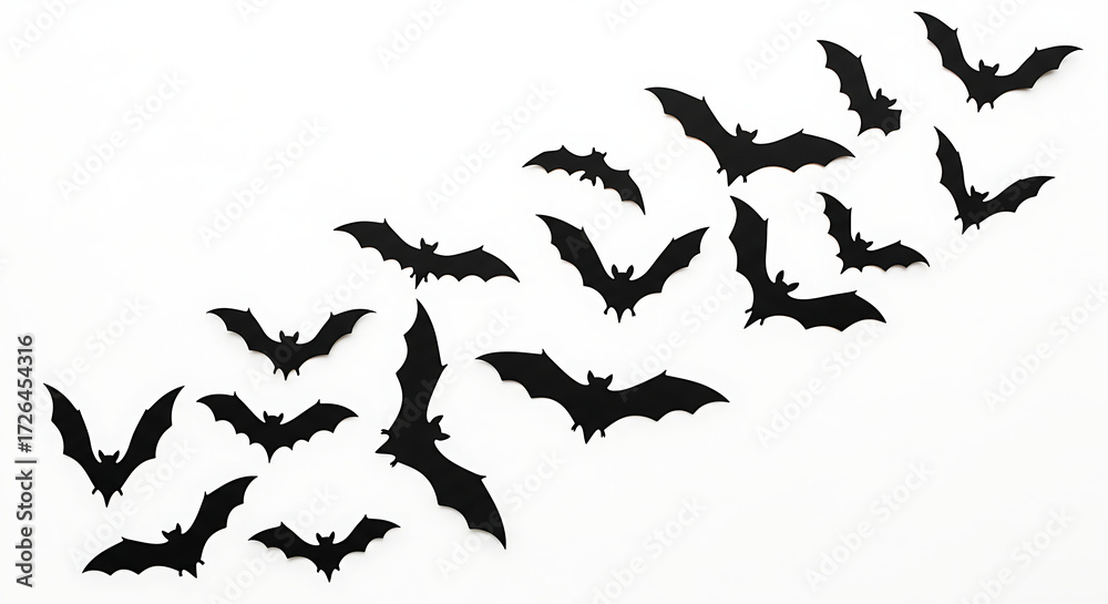 Scattered flock of black bat silhouettes flying in a chaotic pattern ...