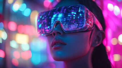 Wall Mural - A futuristic woman wearing unique virtual reality goggles. Bright neon lights illuminate the scene. The atmosphere feels immersive and surreal. Generative AI