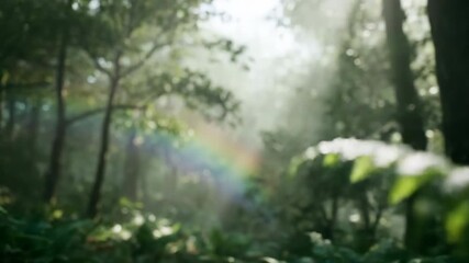 Wall Mural - soft focus tracking shot through misty forest foliage revealing subtle rainbow spectrums light, foli