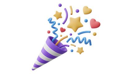 Colorful party popper exploding with stars, hearts, and confetti, celebration joy