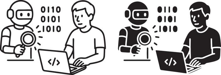 Robot and Programmer Collaborating on Coding Project Icon