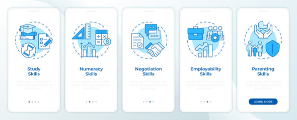 Wall Mural - Life skills blue onboarding mobile app screen. Self management improvement. Walkthrough 5 steps editable graphic instructions with linear concepts. UI, UX, GUI. Montserrat SemiBold, Regular fonts used