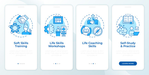 Wall Mural - Strategies to improve life skills blue onboarding mobile app screen. Walkthrough 4 steps editable graphic instructions with linear concepts. UI, UX, GUI. Montserrat SemiBold, Regular fonts used