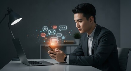 Asian businessman using smartphone and laptop with social media icons overlay at night