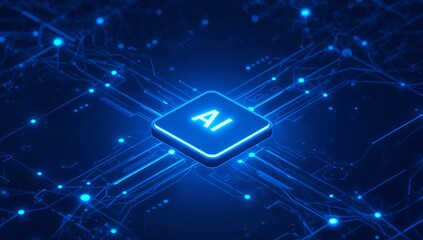 AI microchip glowing blue circuits technology background digital network