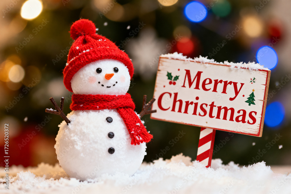 snowman wearing a red hat and scarf standing beside a christmas ...