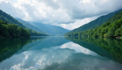 Wall Mural - Cloudy Appalachian lake reflection, calm water, water, landscape, white