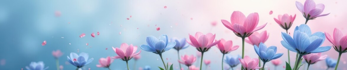 Wall Mural - Delicate pastel blue and pink flowers with long, slender stems, clustered blooms , wildflowers, bloom, macro