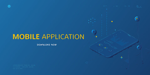 Modern mobile application development and download now concept with isometric smartphone illustration