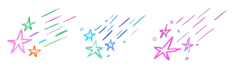 Wall Mural - Falling Stars Crayon Chalk Drawing Doodle PNG Transparent Set