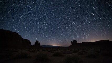 Wall Mural - Mesmerizing time lapse of star trails arching across a clear night sky above a vast, ancient desert landscape, symbolizing the untouched wilderness outdoors, ecology, movement