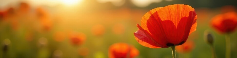 Wall Mural - Close-up of vibrant poppy in sunlight, showcasing delicate petals and textures , poppy, artistic