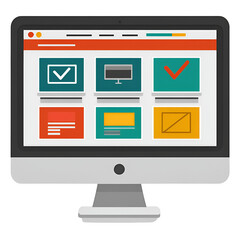 Computer monitor displaying colorful website interface illustration