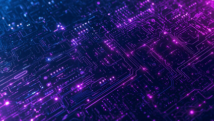 Abstract glowing circuit board with blue and purple digital lines and data flow, representing technology and connectivity.