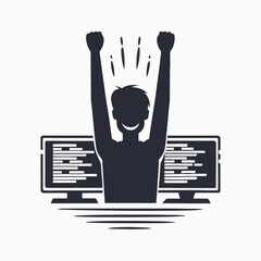 Man raises his hands in front of two monitors, coding work complete