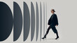 © master1305 - Minimalist artwork. Confident woman walking in high heels with geometric abstract black arcs background. Concept of leadership, corporate branding, career growth, and emotional determination.