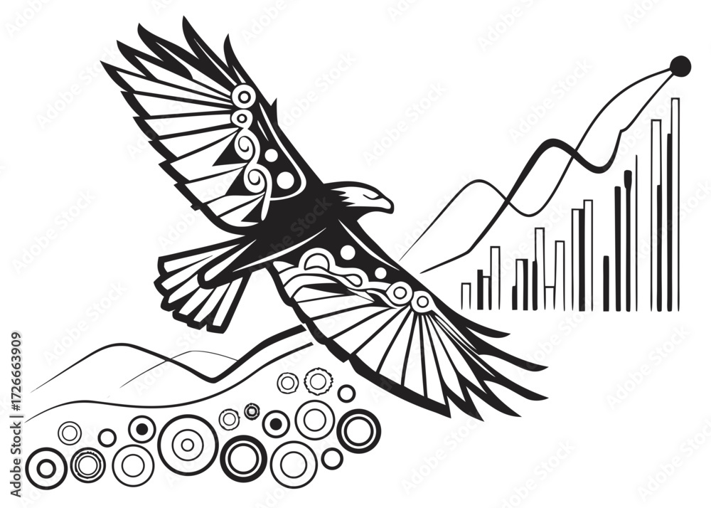 Stylized eagle soaring above mountains with rising bar graph and ...