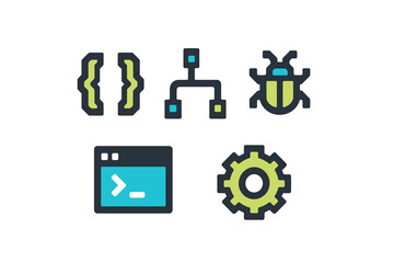 Programming and software development icons set with code braces, bug, terminal, flowchart, and gear symbols