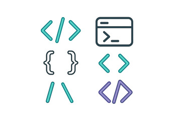 Programming code symbols and web development icons for software engineering, digital technology concepts, and modern interface design elements