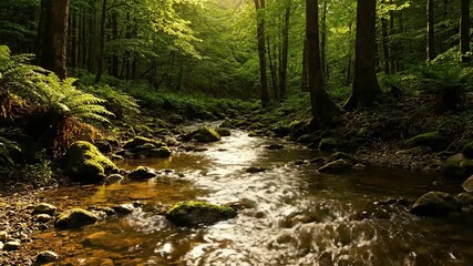 Wall Mural - Forest stream timelapse capturing dappled sunlight moving across the water as shadows lengthen and recede landscape, outdoors, woodland