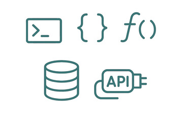 Comprehensive collection of programming and software development icons featuring terminal, database, API, and function symbols for tech projects