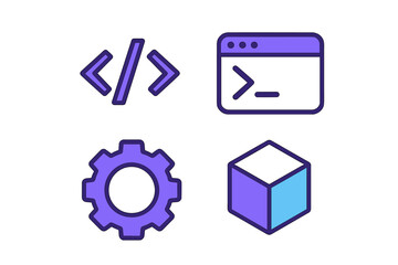 Modern programming and development icons set featuring code tags, terminal window, settings gear, and 3D cube symbols