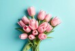 © lalita - Top view pink tulip bouquet, turquoise background, corner arrangement, soft petals, green leaves,  spring,  template
