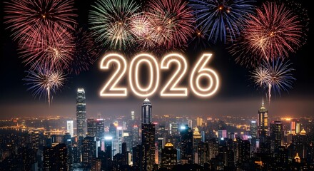 Colorful fireworks exploding over a glowing city skyline at night to celebrate the arrival of the new year 2026