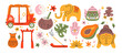 © Limpreom - Thailand and Bali travel elements in retro cartoon style. Culture: Buddhist temple, Buddha statue, elephant. Traditions: tropical fruits, lotus flower, yoga icons. Exotic nature set for trendy