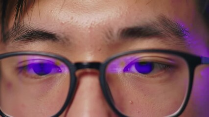 Extreme closeup of a young Asian mans eyes in glasses reflecting a computer screen as he works or browses online late at night in a dark room.