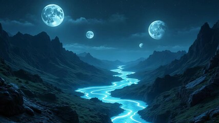 Wall Mural - Stunning aerial view of an unreal valley with rivers of light and floating moons, perfect for fantasy, sci-fi, or dreamlike video projects.