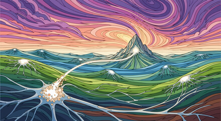 Surreal landscape features a unique peak, mountains, and vibrant sky. Surreal landscape displays bright colors, dreamy clouds, and unusual perspective. Use surreal landscape for artistic projects,