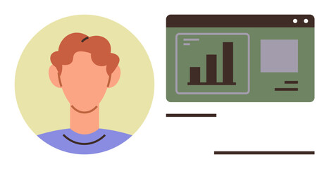 Person avatar beside a digital dashboard with bar chart and data highlights. Ideal for analytics, user profile, growth, productivity, business, technology, and teamwork. Clean flat metaphor
