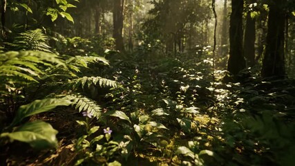 Wall Mural - Dappled light and shadows dance across the rainforest undergrowth, a peaceful and detailed ground-level timelapse calm, intricate, environment