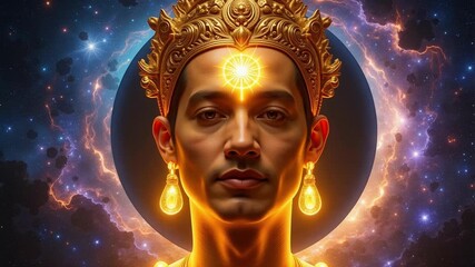 Wall Mural - Lord Aditya's Cosmic Journey: A Stunning Face Amidst Galactic Portals, Promises Epic Adventure and Mystical Realms, Perfect for Fantasy Storytelling