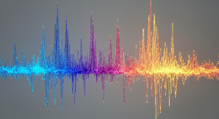 Poster -  An abstract visualization of a vibrant, kinetic wave pattern. The wave has dramatic peaks and troughs, composed of glowing, interconnected digital particles, against a neutral grey background. 