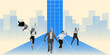 © master1305 - Trendy collage. Group of business people joyfully running from tall blue skyscraper in cityscape. Concept of dreams, career growth, motivation, success, corporate branding, and emotional ambition.